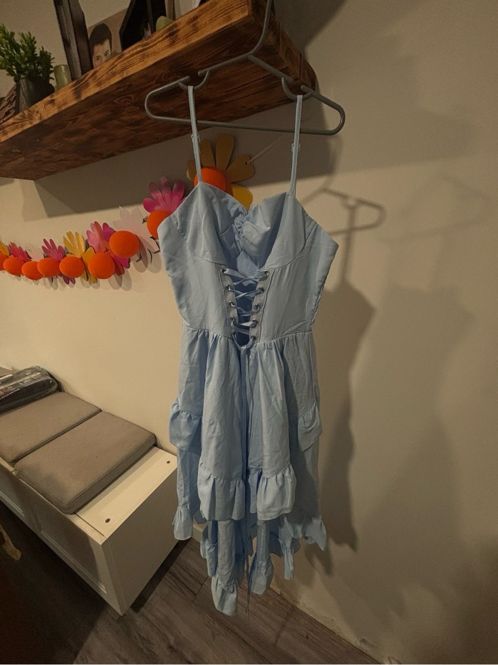 Light Blue Lace-Up Ruffle Dress